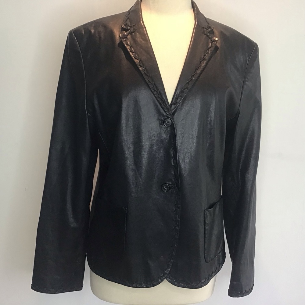 Rene Lezard black leather notched collar/zigzag stitching, 2 button blazer EU 42